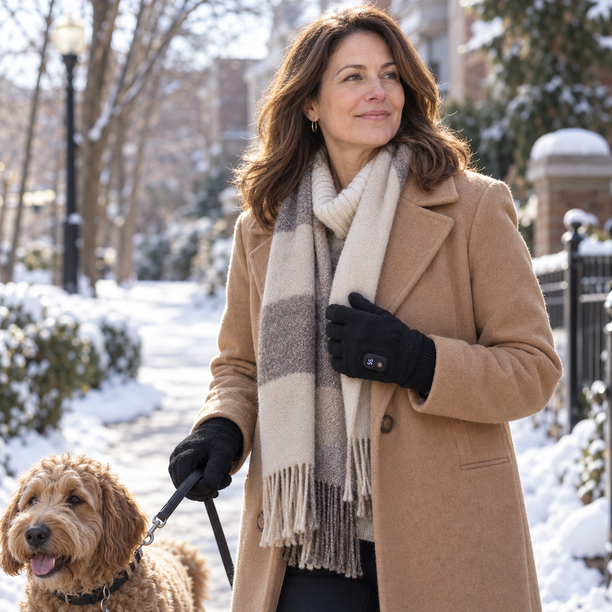 Woman wearing heated gloves while walking her dog in winter